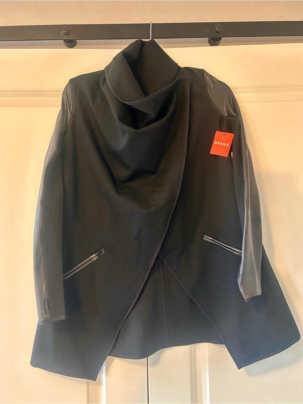 SPANX Black Draped Collar Asymmetrical Jacket